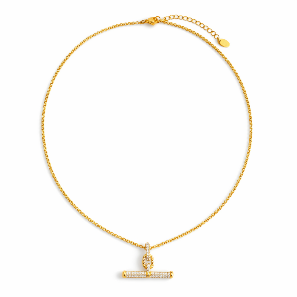 Pavé Accent T-Bar Chain Necklace – Timeless Gold Finish