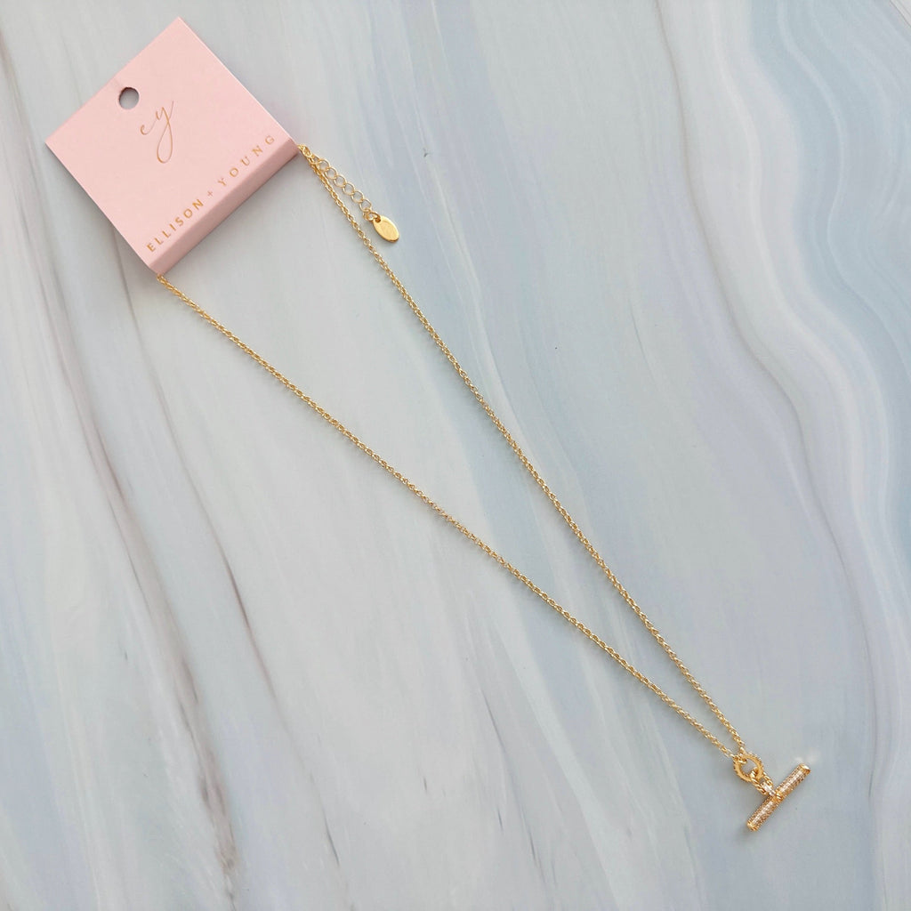 Pavé Accent T-Bar Chain Necklace – Timeless Gold Finish