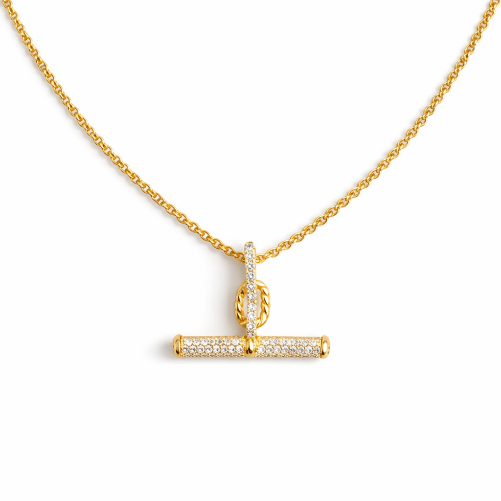 Pavé Accent T-Bar Chain Necklace – Timeless Gold Finish