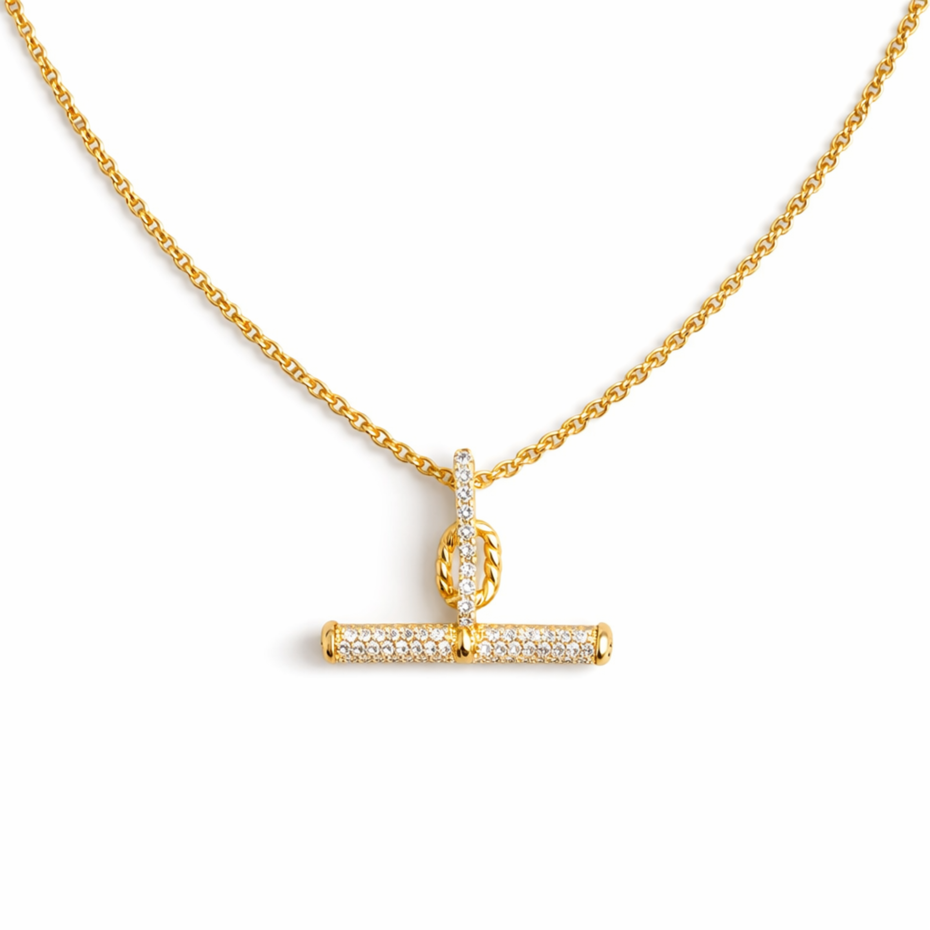 Pavé Accent T-Bar Chain Necklace – Timeless Gold Finish